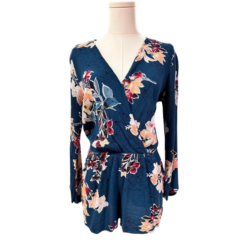 Lulus Floral V Neck Faux Wrap Long Sleeve Romper Medium Teal Green